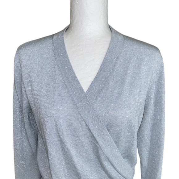 J. Crew Lurex Shimmer Metallic Baby Blue Knit Surplice Wrap Sweater Top - S - Picture 5 of 14